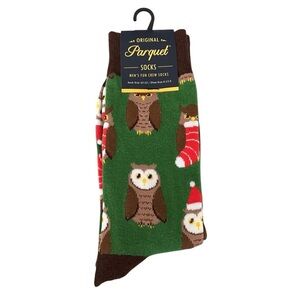 Parquet Socks Christmas Hat Owl Holiday Men's Sz 10-13 Stretch Novelty Easy Care